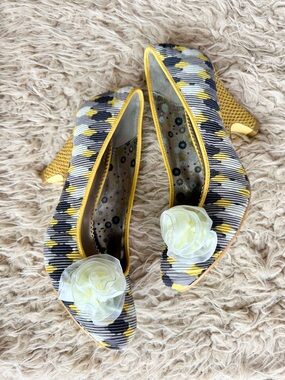 Poetic Licence London Picnic Ready Floral Wedge Heels Yellow Grey Black 8.5M